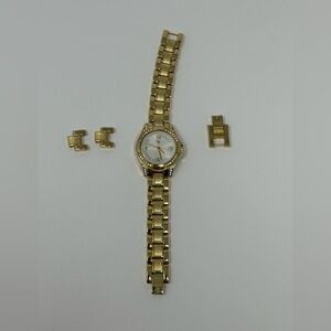 Vintage George Gold Tone Ladies Dress Watch Rhinestone Accents with band Ext. O6